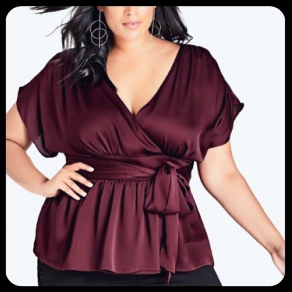 City Chic Tops - City Chic Burgundy Short Sleeve Wrap Bow Blouse